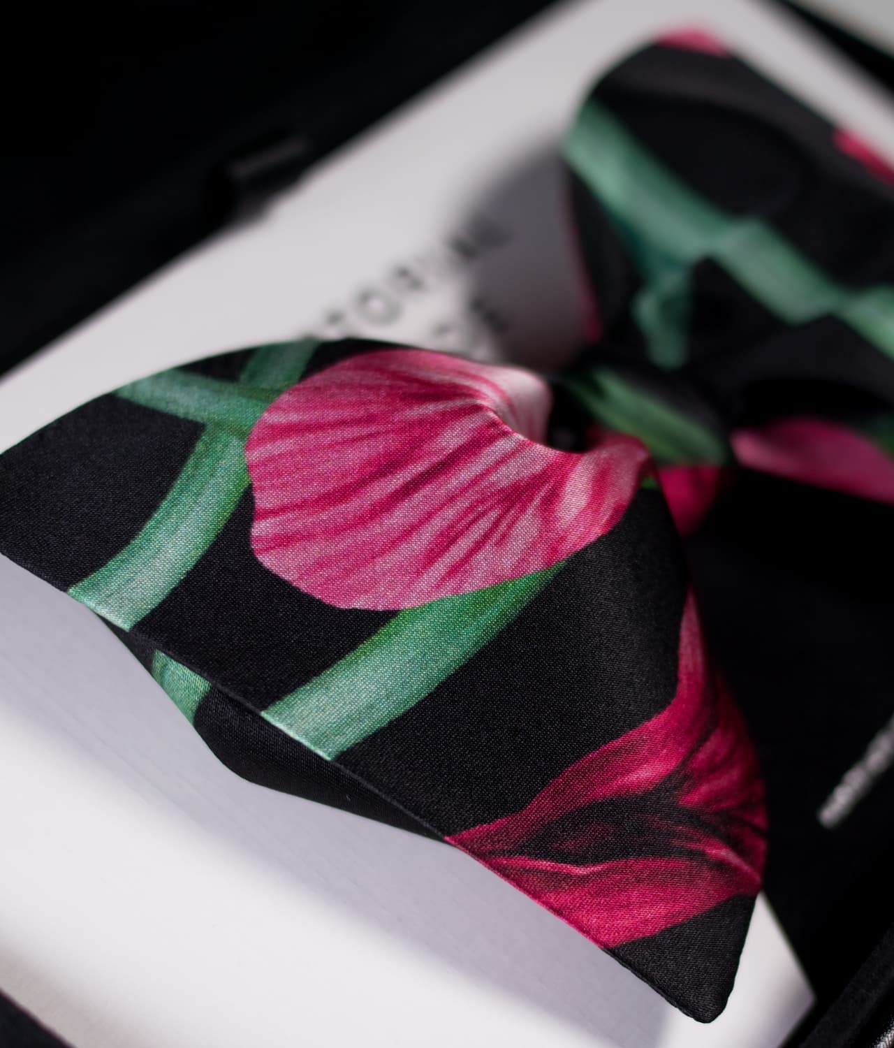 Black Bow Tie - 100% Silk - Exotic Floral Design - HNL1