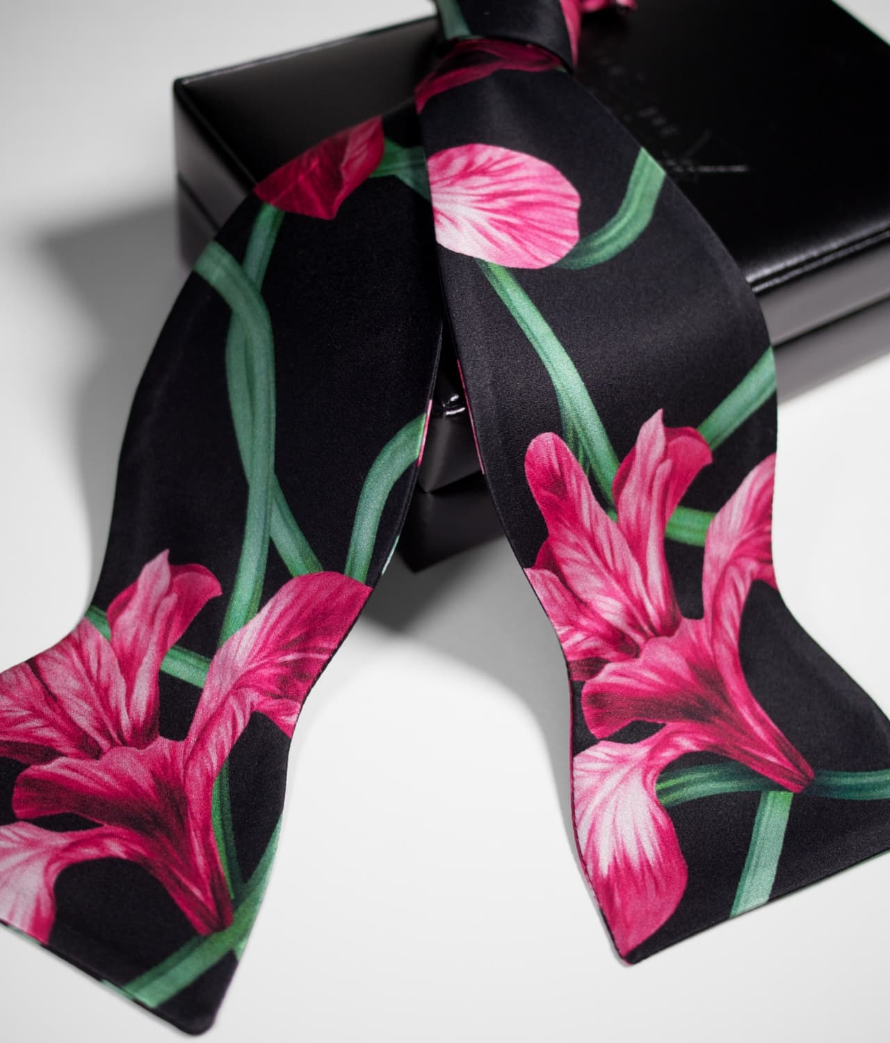 Black Bow Tie - 100% Silk - Exotic Floral Design - HNL1