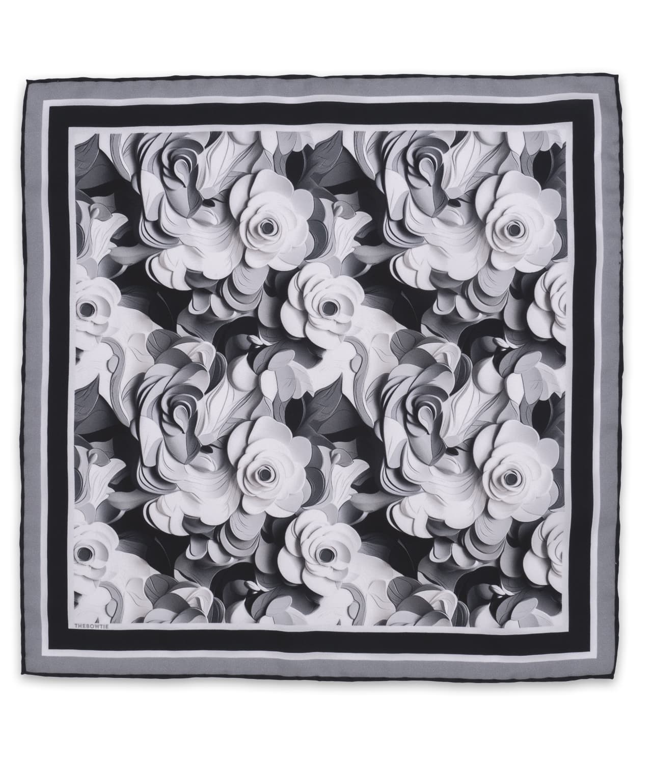 Black/ White 100% Silk Twill Pocket Square With Abstract Floral Design
