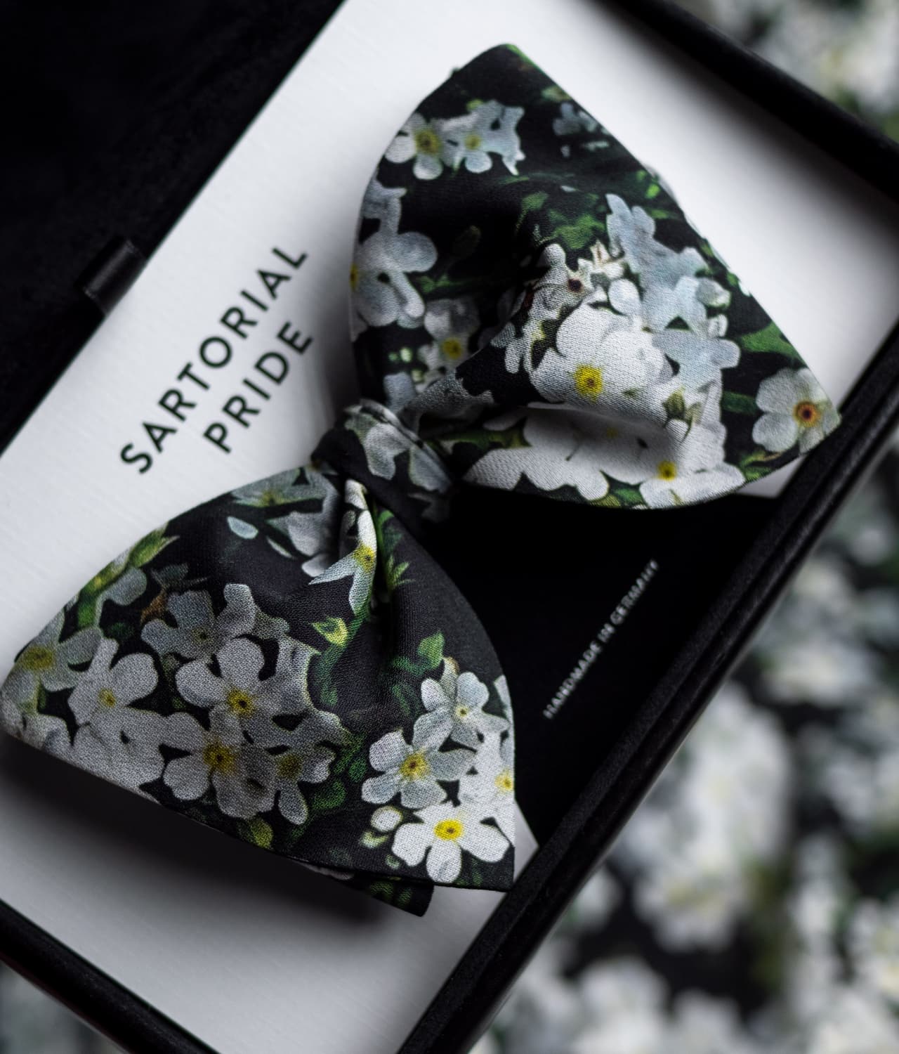 Black 100% Silk Bow Tie w White Floral Design - BOM4