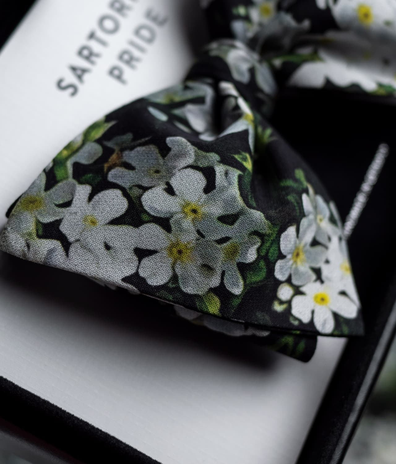 Black 100% Silk Bow Tie w White Floral Design - BOM4