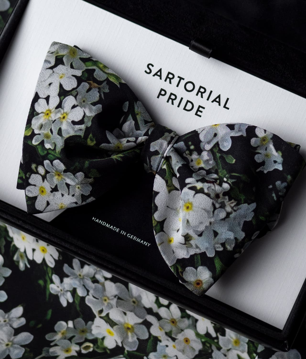 Black 100% Silk Bow Tie w White Floral Design - BOM4