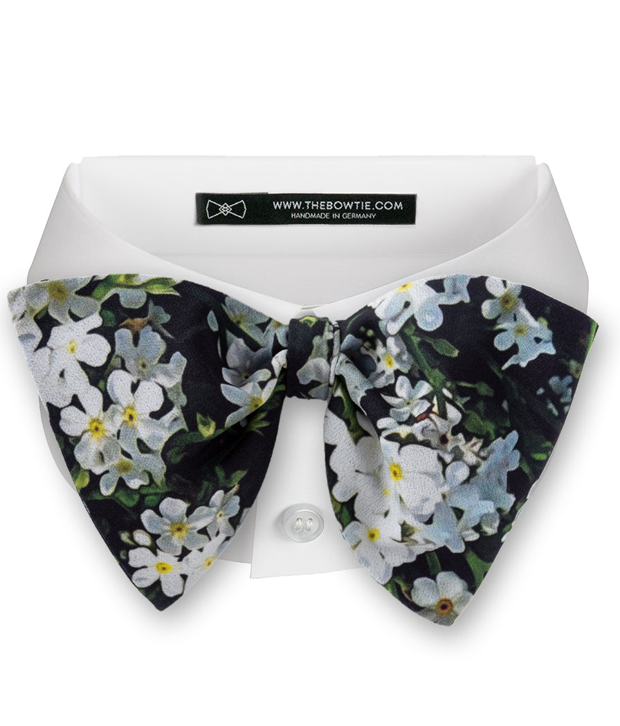 Black 100% Silk Bow Tie w White Floral Design - BOM4