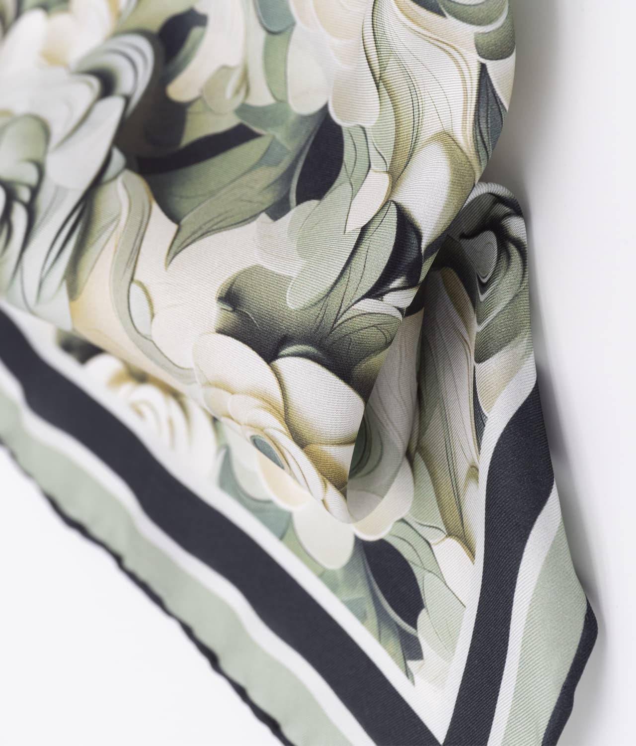 Olive Green/ White 100% Silk Twill Pocket Square With Abstract Floral Design