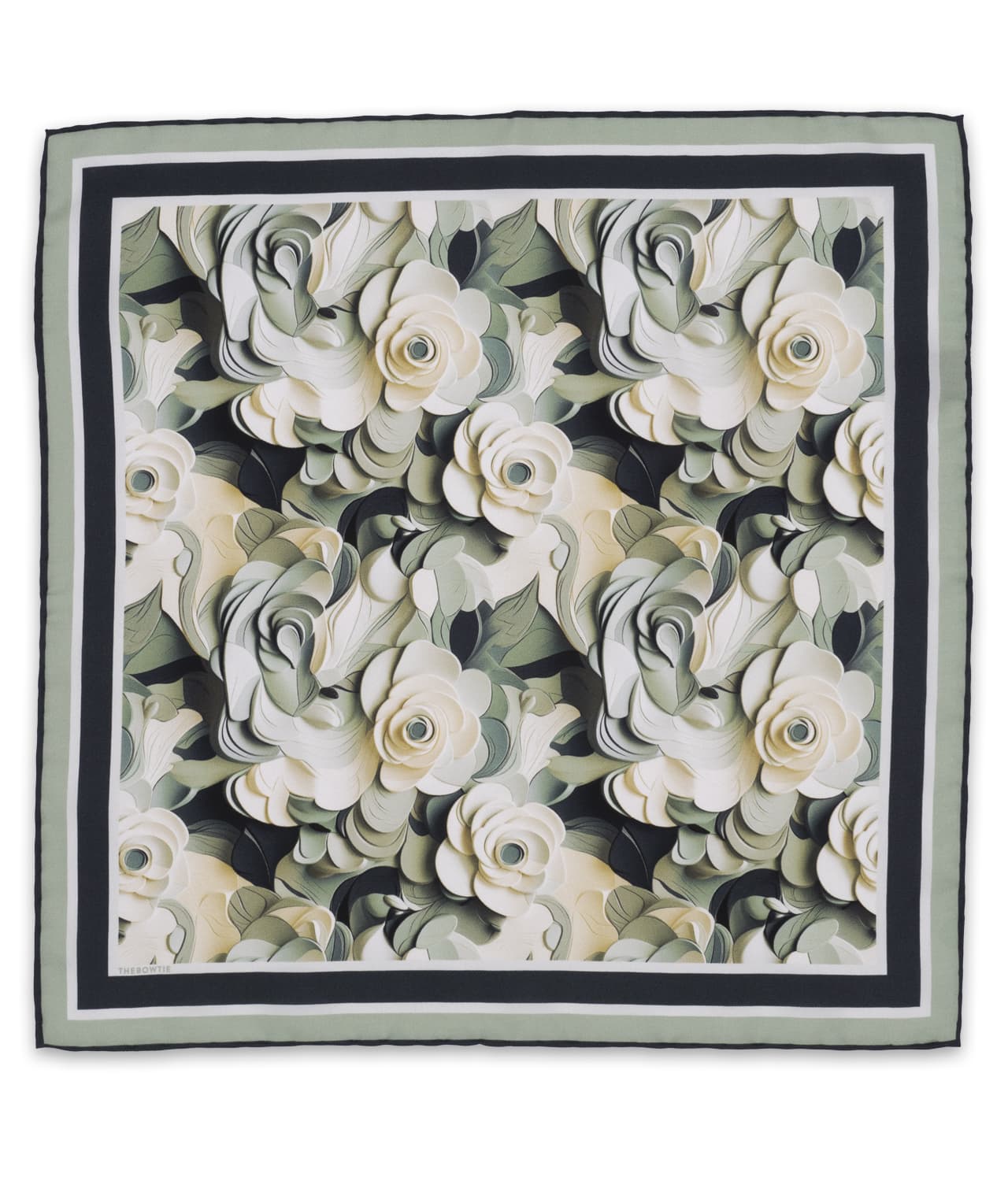 Olive Green/ White 100% Silk Twill Pocket Square With Abstract Floral Design