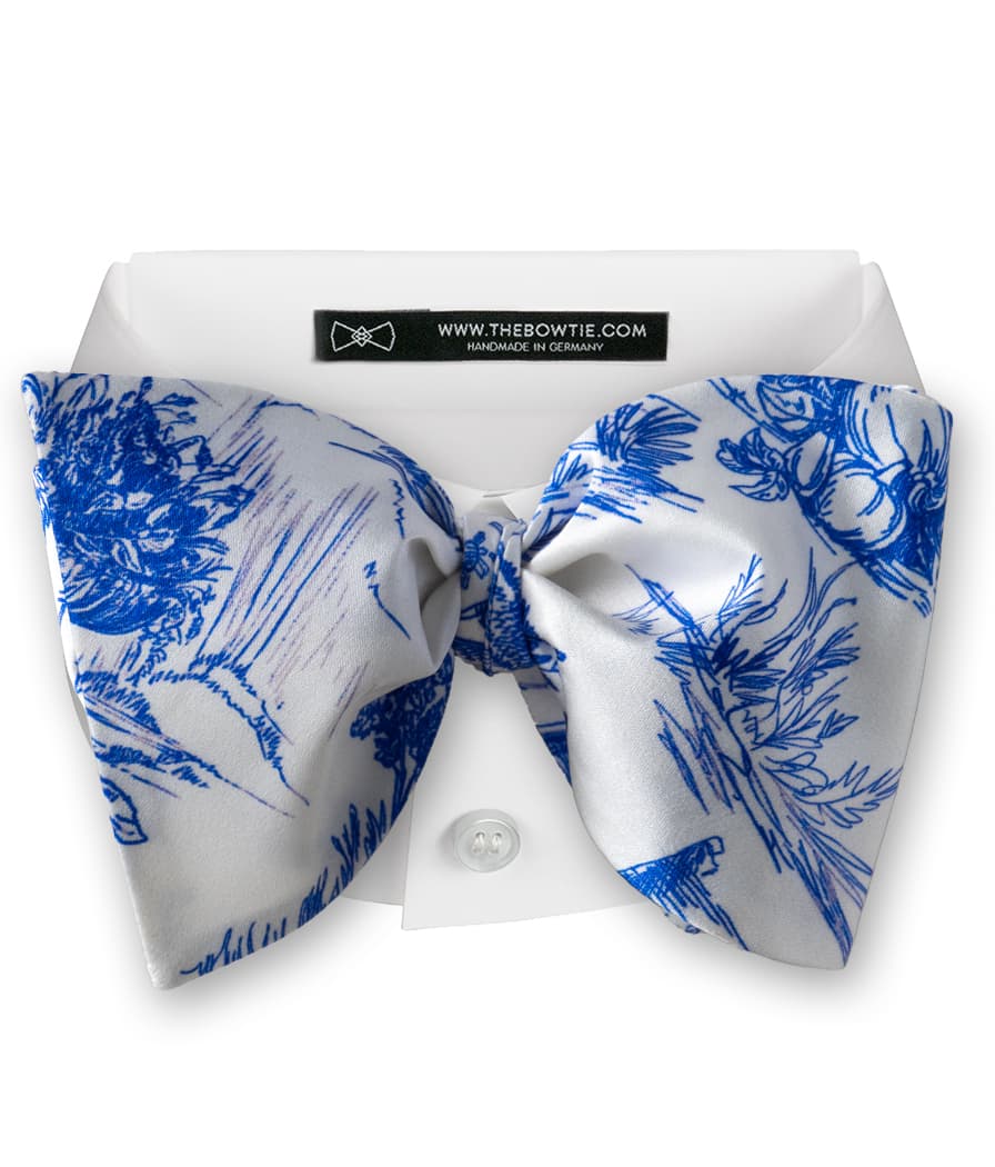 White Silk Bow Tie with blue country side illustrations - CDG17