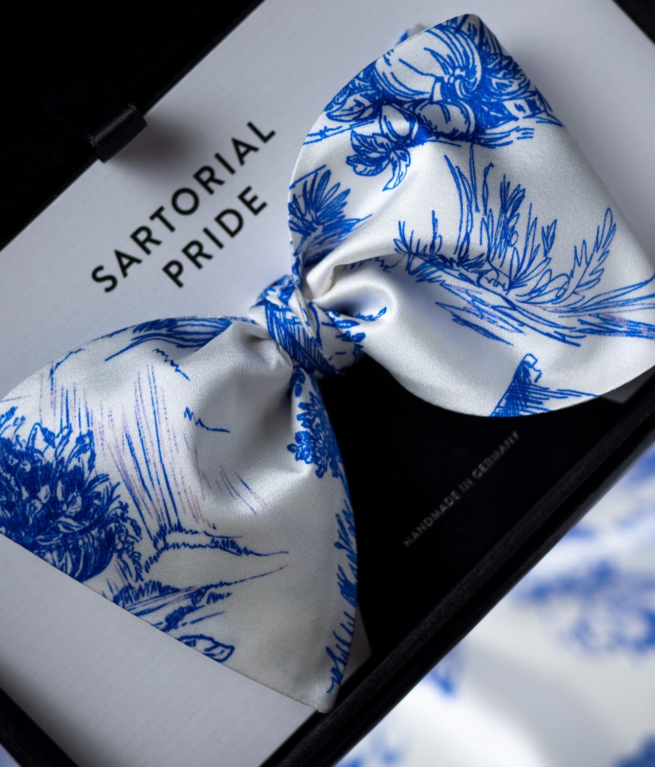 White Silk Bow Tie with blue country side illustrations - CDG17