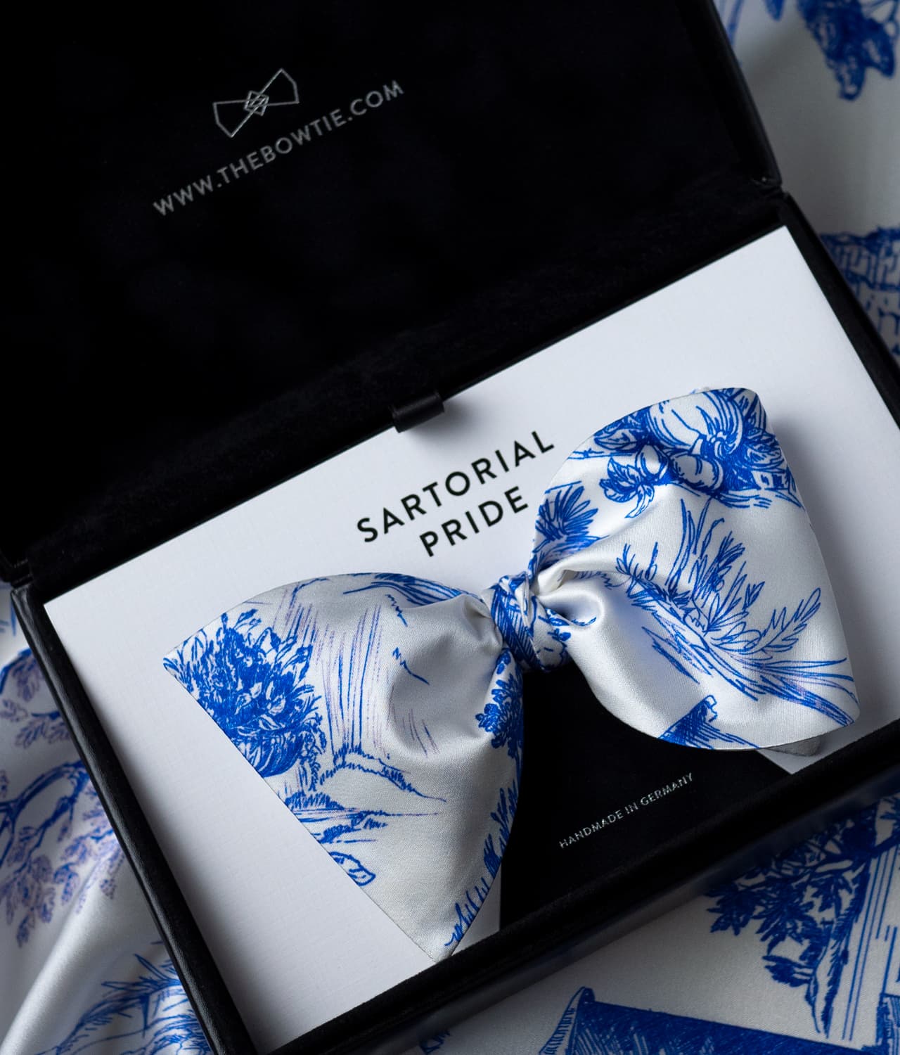 White Silk Bow Tie with blue country side illustrations - CDG17