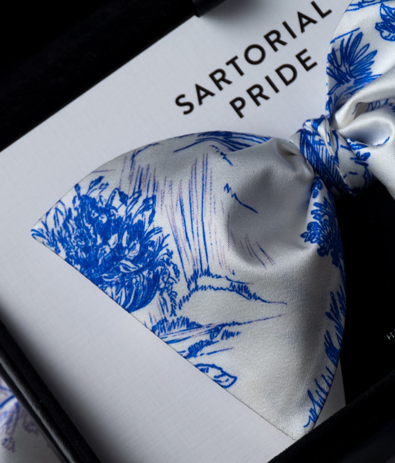 White Silk Bow Tie with blue country side illustrations - CDG17