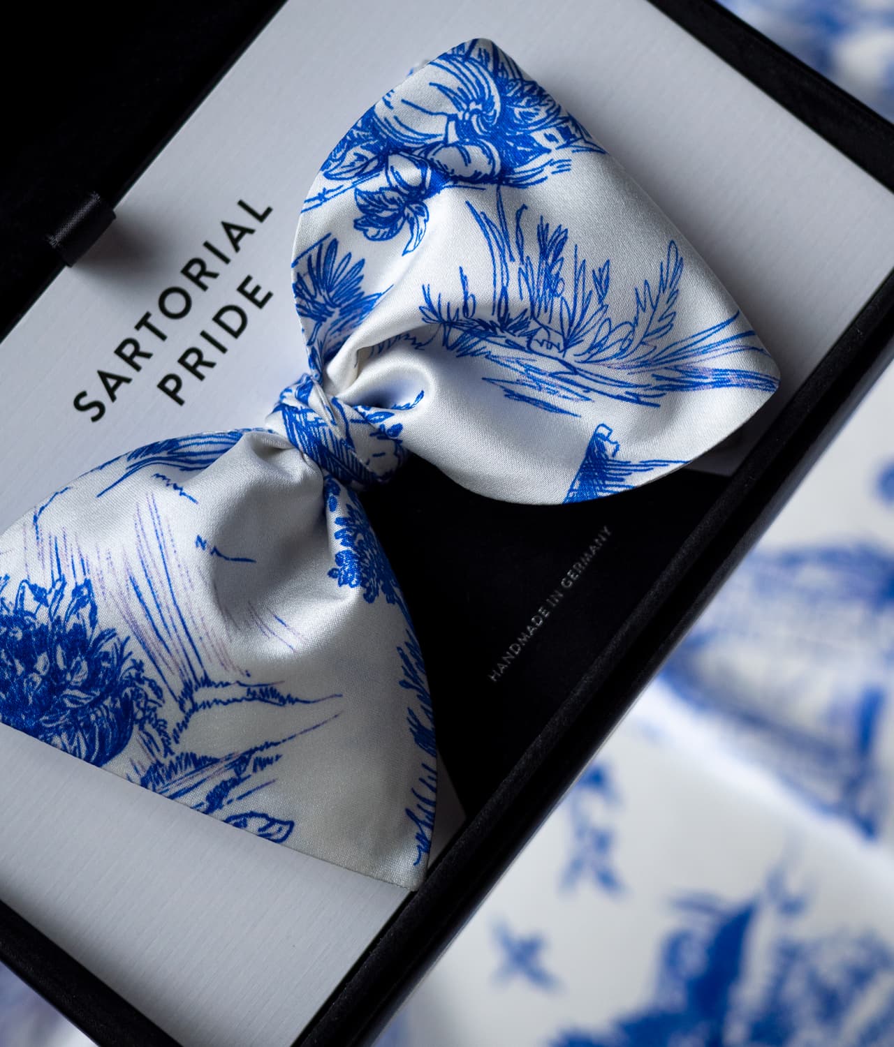 White Silk Bow Tie with blue country side illustrations - CDG17