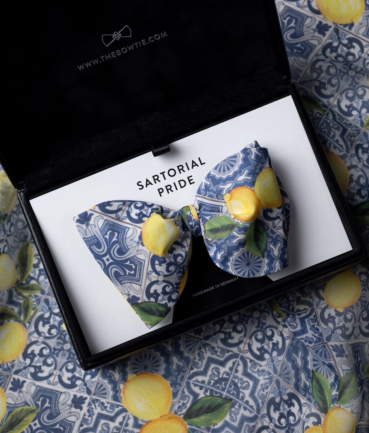 White Bow Tie - Light 100% Silk - Blue Ornament Pattern Featuring Yellow Lemons On Top - BOD6