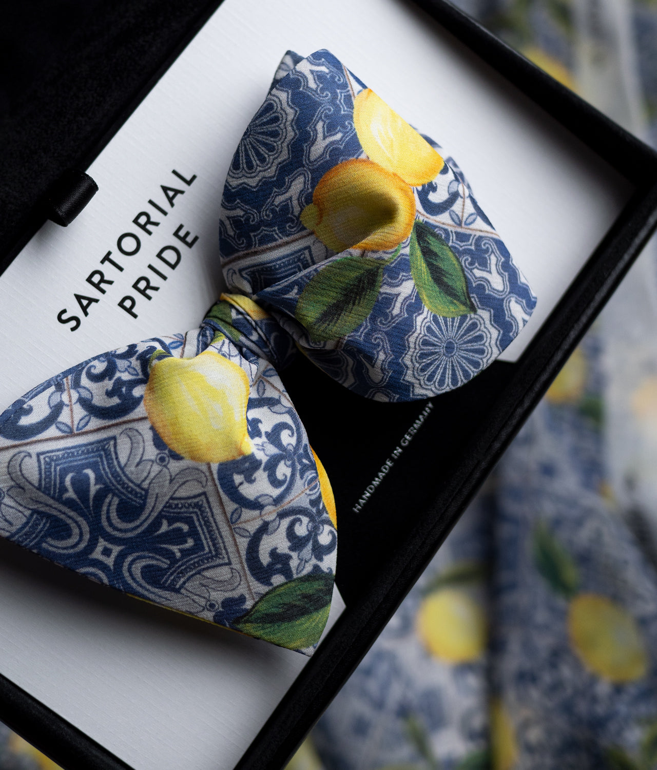 White Bow Tie - Light 100% Silk - Blue Ornament Pattern Featuring Yellow Lemons On Top - BOD6