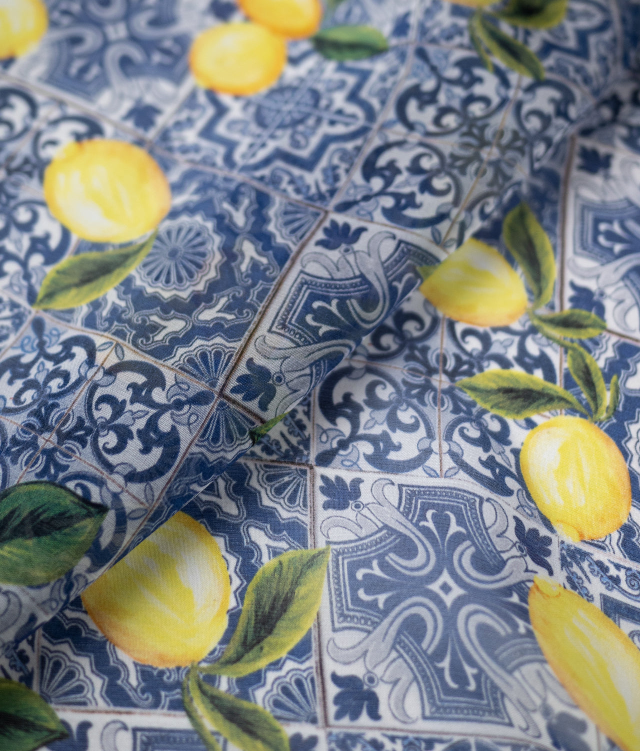 White Bow Tie - Light 100% Silk - Blue Ornament Pattern Featuring Yellow Lemons On Top - BOD6