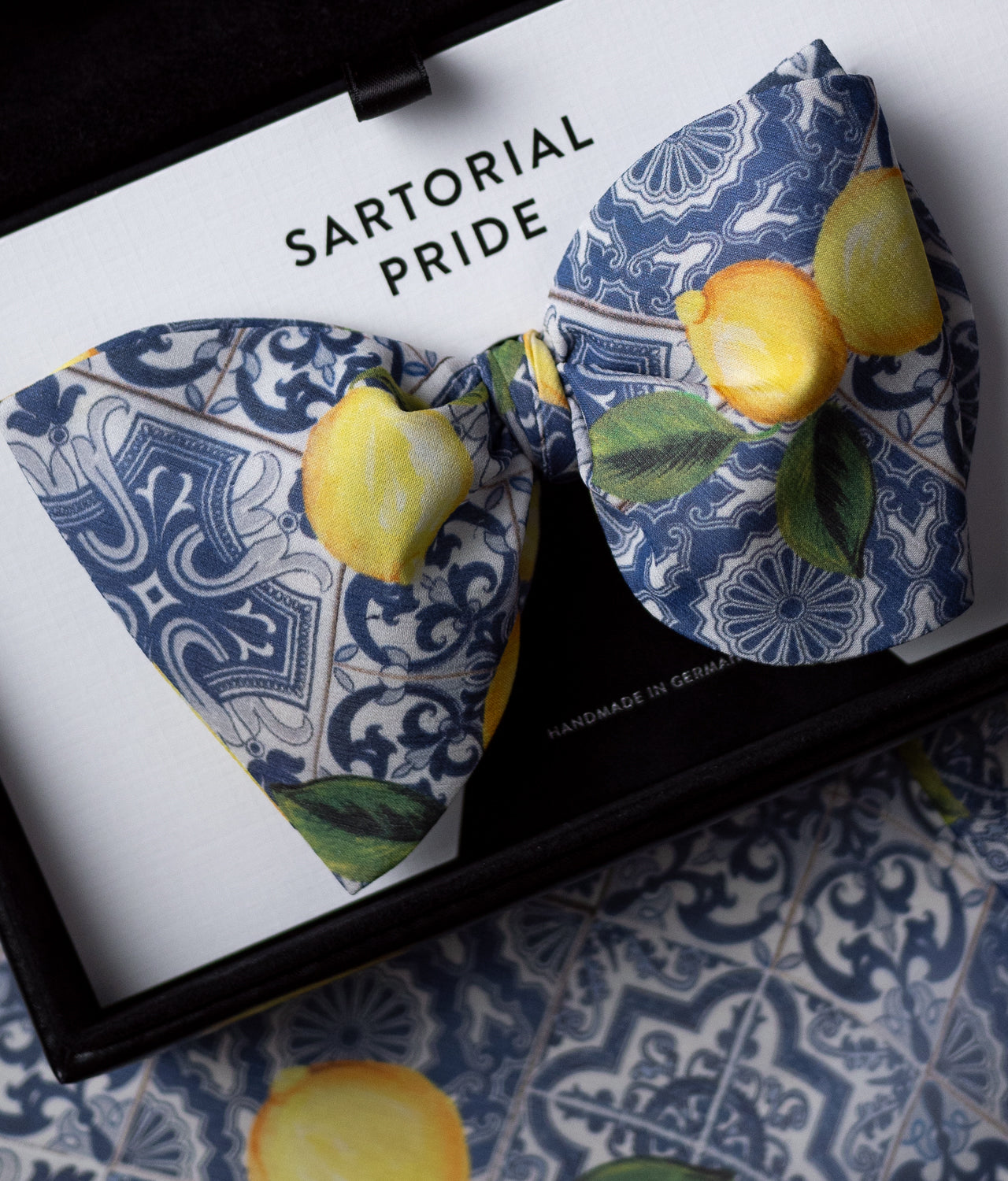 White Bow Tie - Light 100% Silk - Blue Ornament Pattern Featuring Yellow Lemons On Top - BOD6