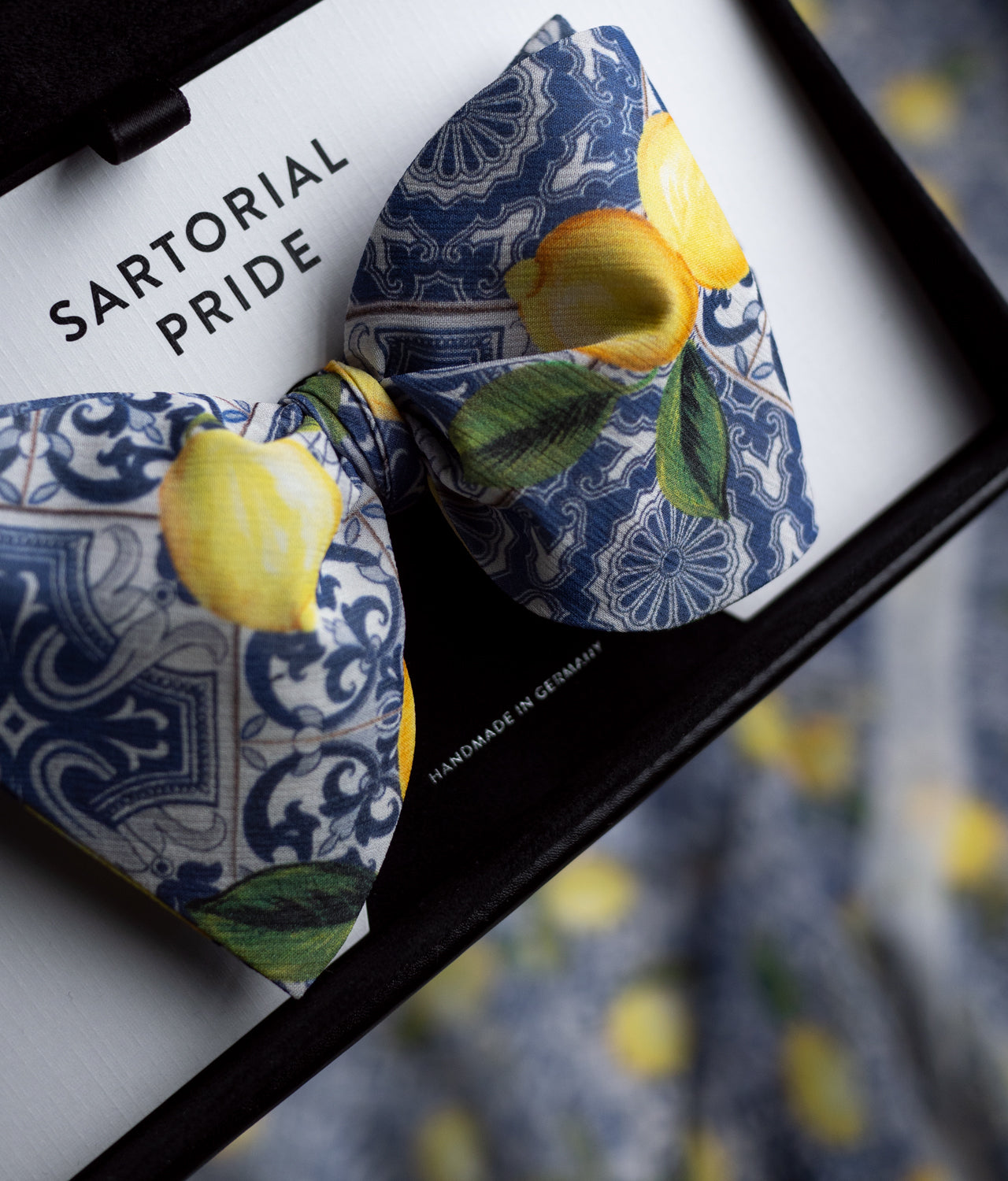 White Bow Tie - Light 100% Silk - Blue Ornament Pattern Featuring Yellow Lemons On Top - BOD6