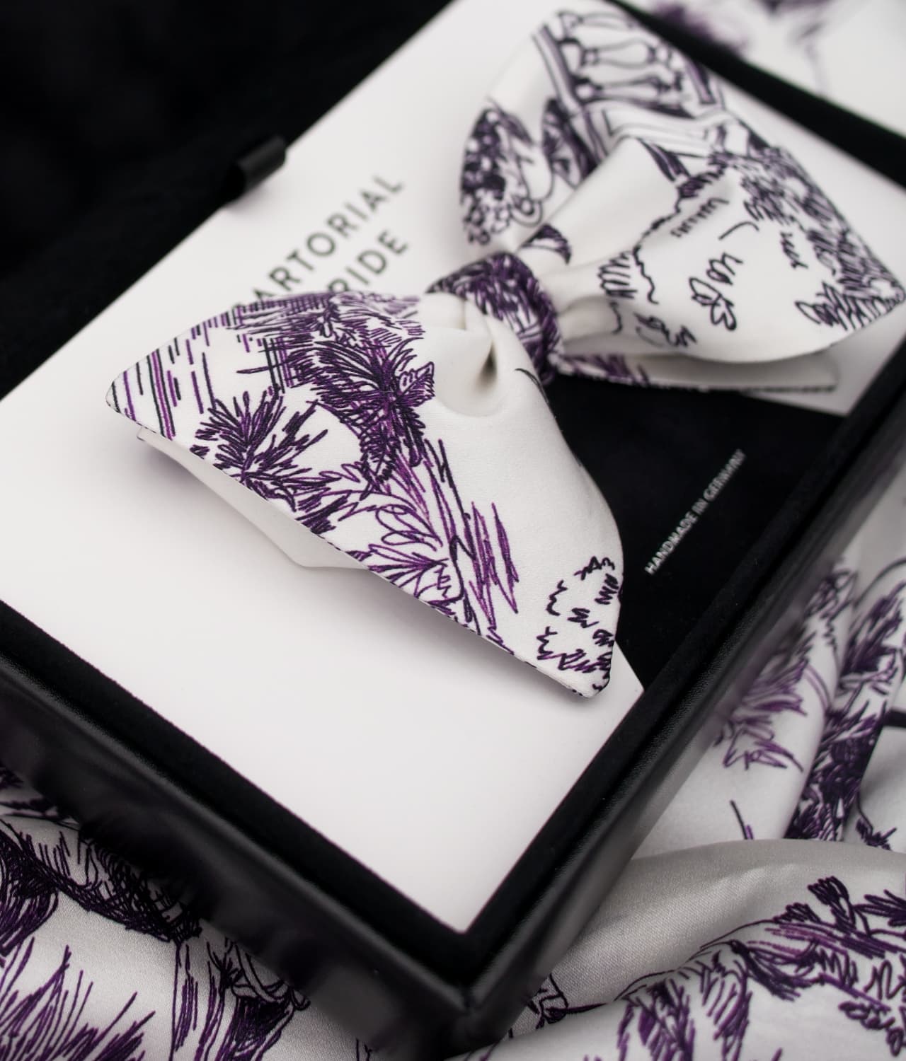 White Silk Bow Tie with maroon country side illustrations - Ideal Wedding Companion - CDG18