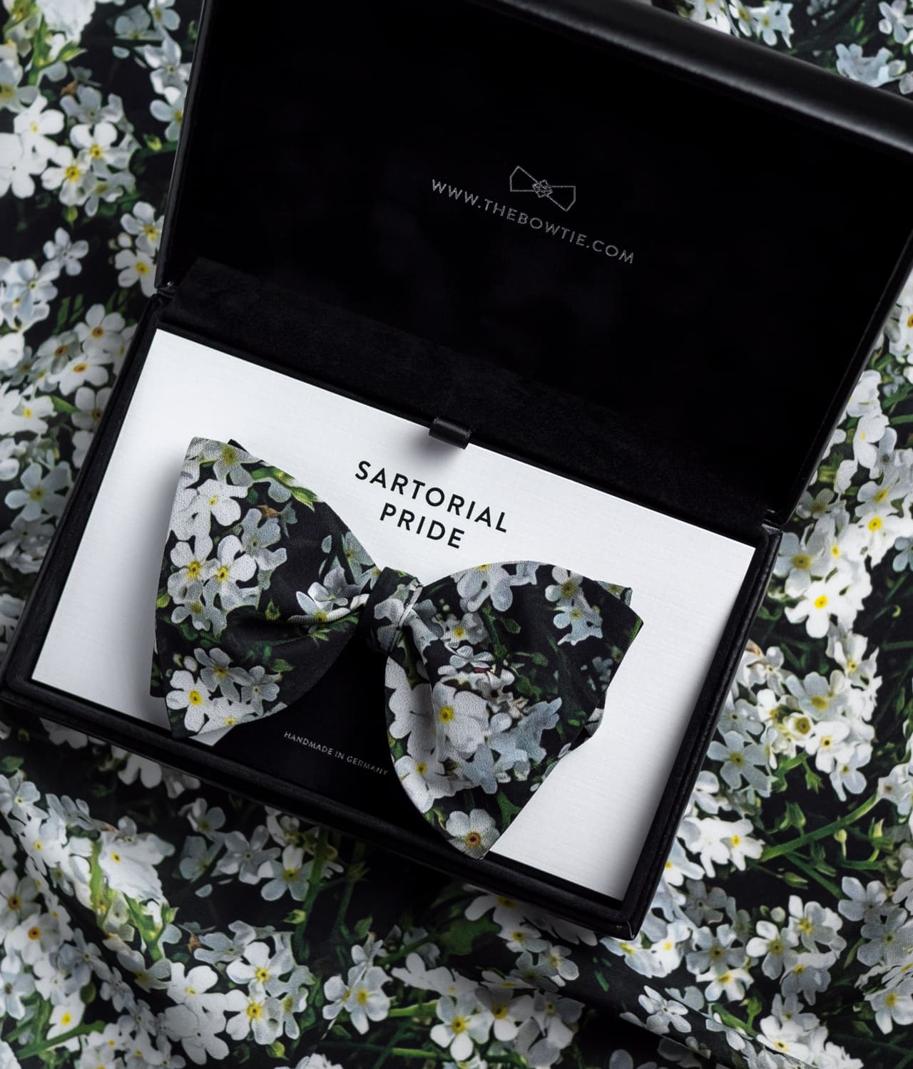 Black 100% Silk Bow Tie w White Floral Design - BOM4
