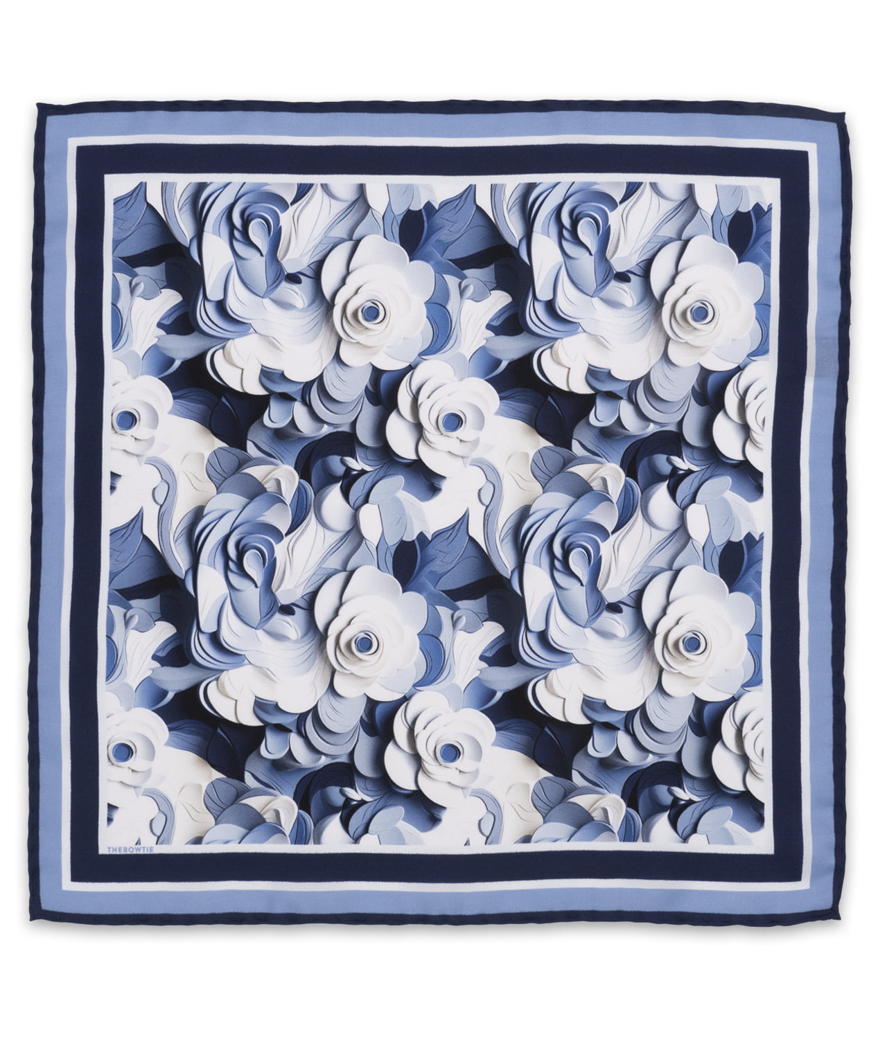 Blue/ White 100% Silk Twill Pocket Square With Abstract Floral Design