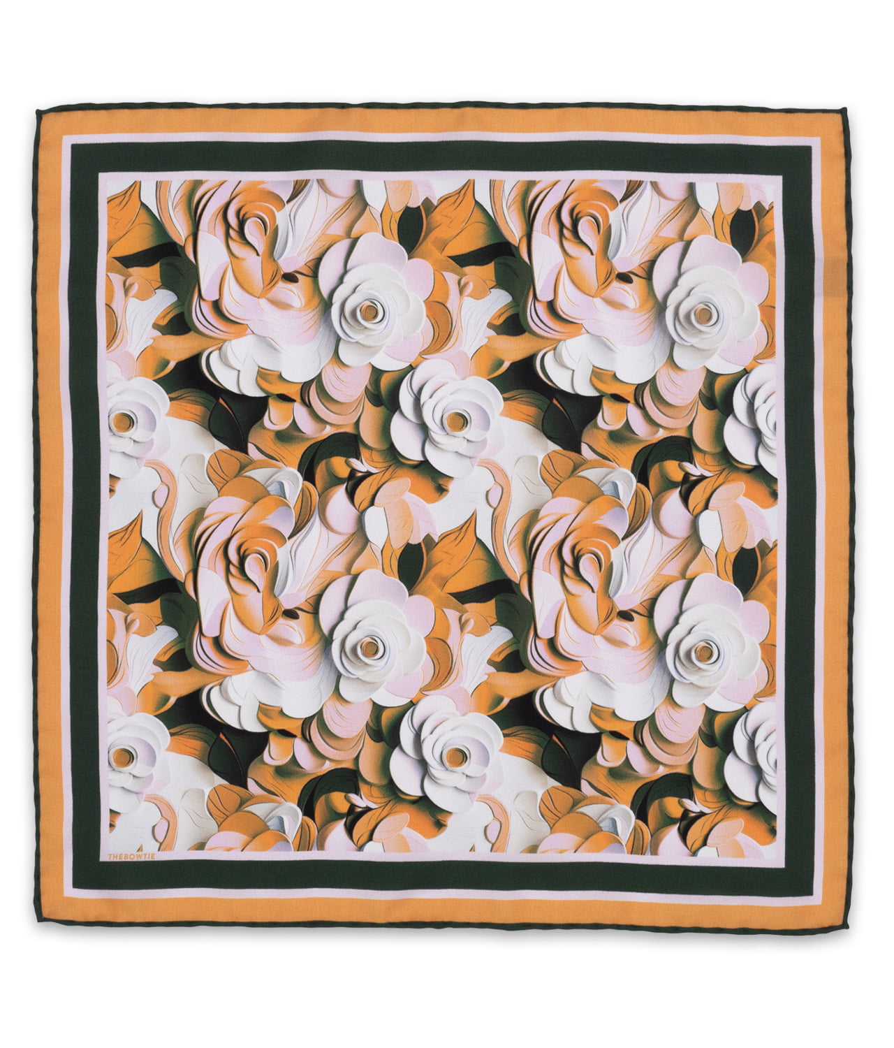 Green/ Orange/ Pink/ 100% Silk Twill Pocket Square With Abstract Floral Design