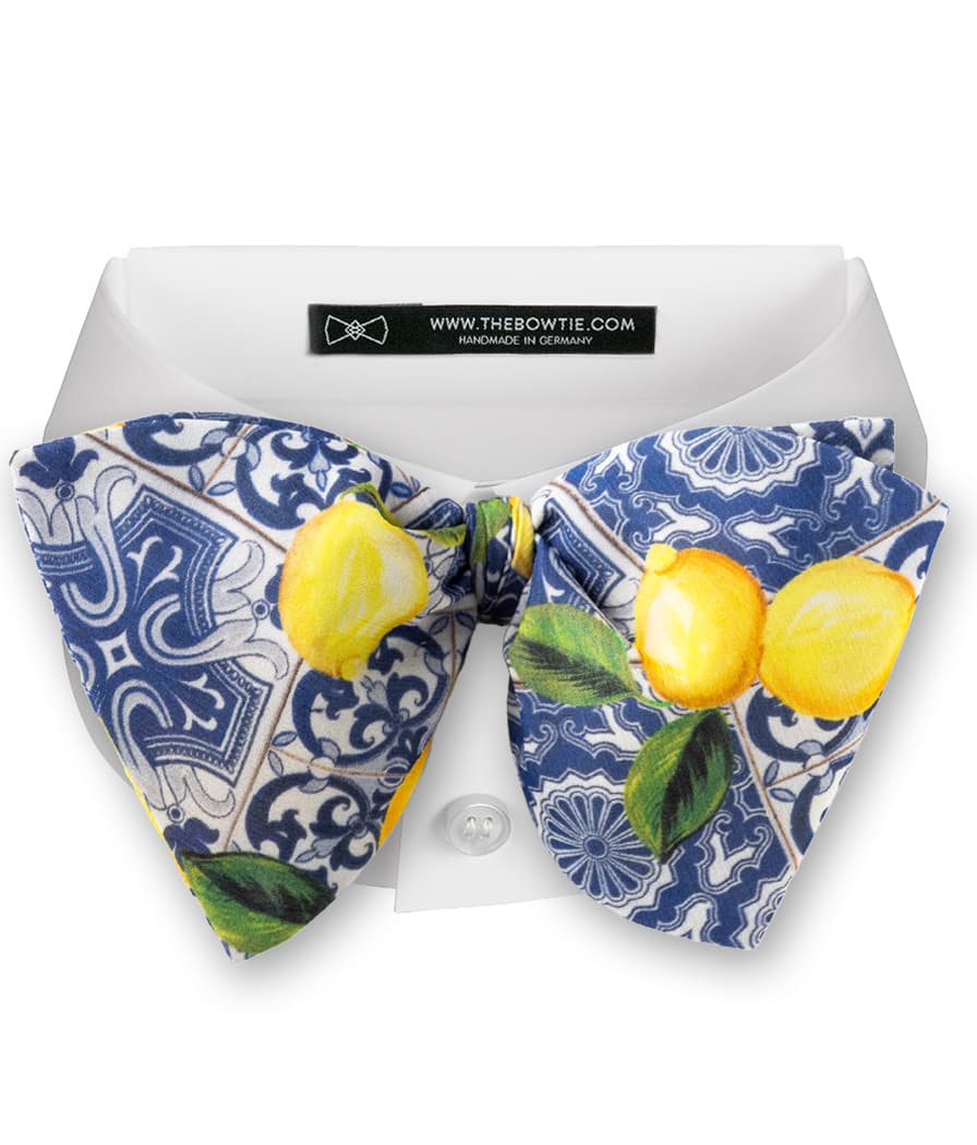 White Bow Tie - Light 100% Silk - Blue Ornament Pattern Featuring Yellow Lemons On Top - BOD6