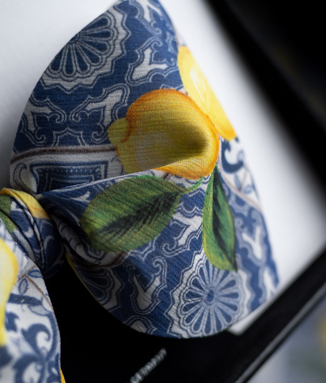 White Bow Tie - Light 100% Silk - Blue Ornament Pattern Featuring Yellow Lemons On Top - BOD6